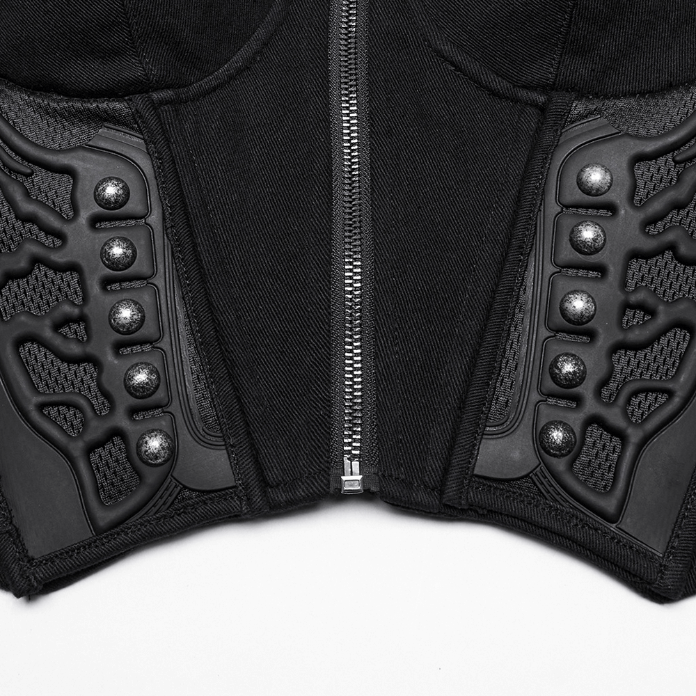 Black cyberpunk corset waistcoat featuring buckle straps and unique design elements, perfect for edgy fashion enthusiasts.