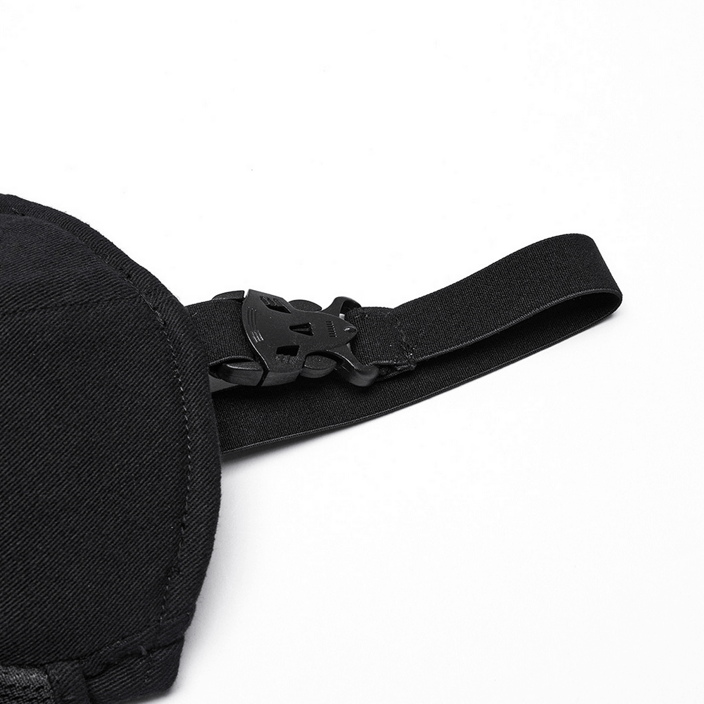 Close-up of black buckle strap detail on a cyberpunk corset waistcoat, perfect for an edgy look.