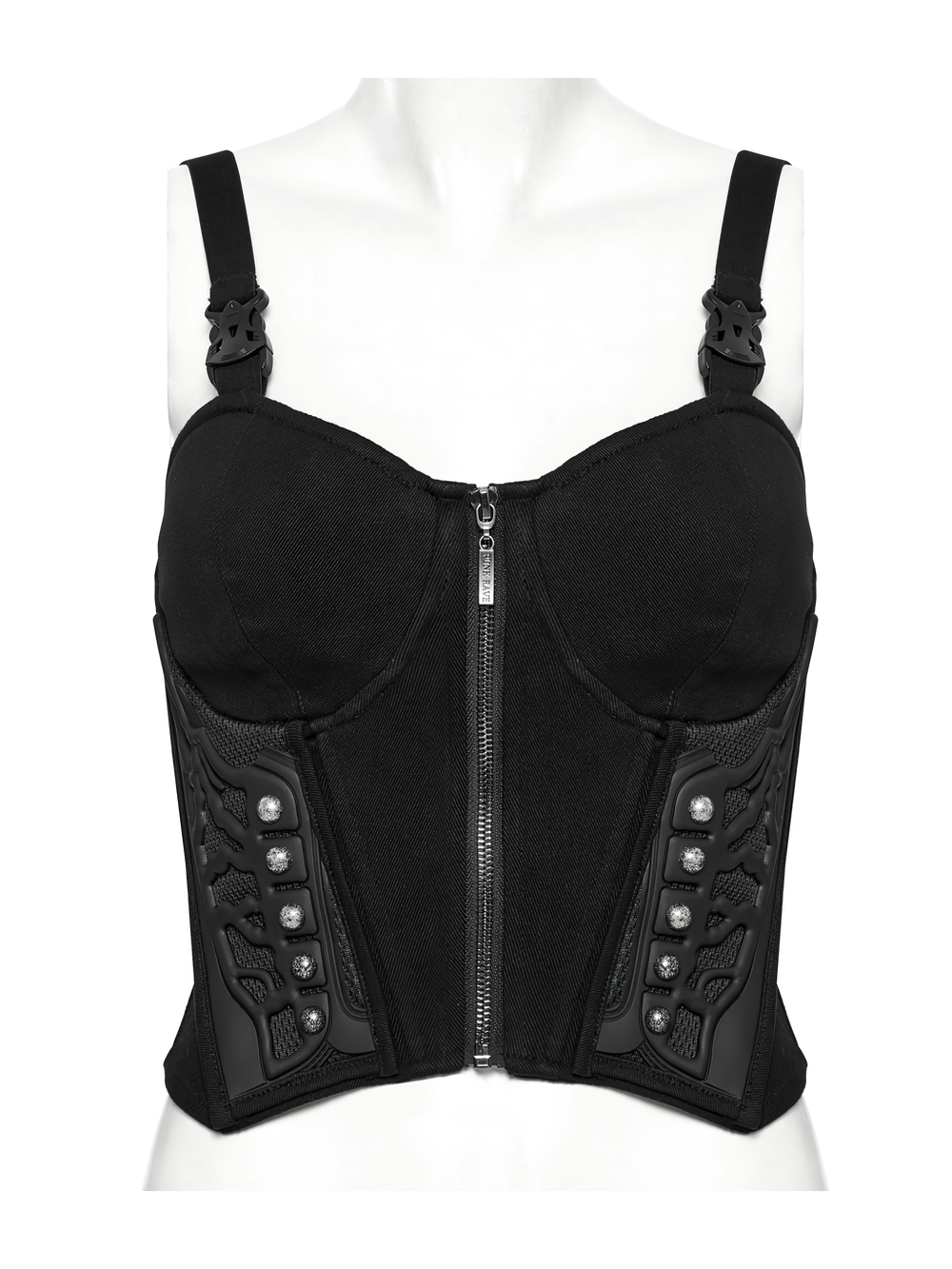 Black cyberpunk corset waistcoat featuring stylish buckle straps and edgy design details.