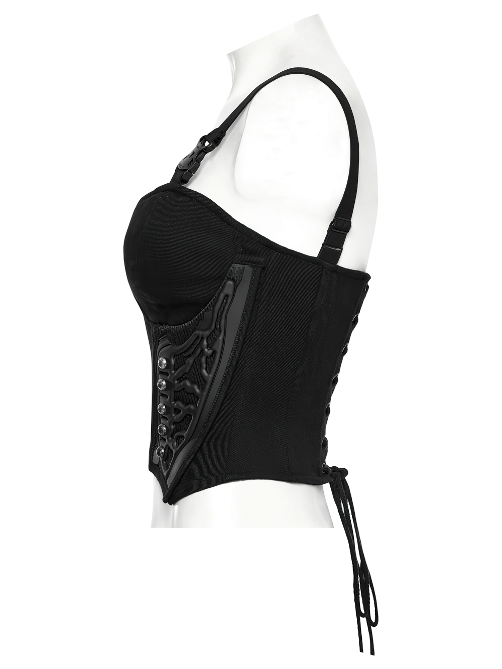 Black cyberpunk corset waistcoat featuring buckle straps and sleek design for a bold fashion statement.