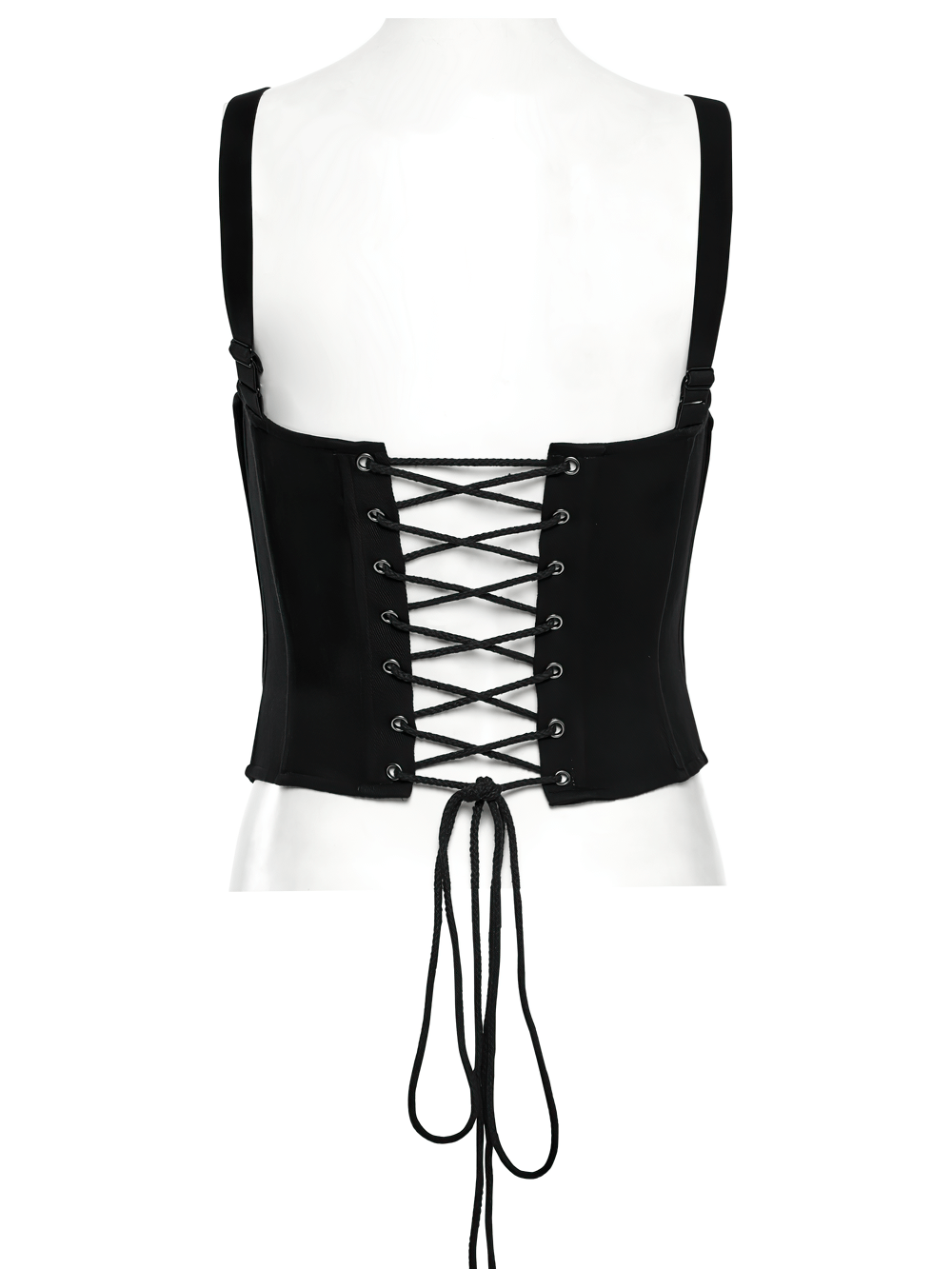 Back view of a black cyberpunk corset waistcoat with lace-up details and buckle straps for a stylish edge.