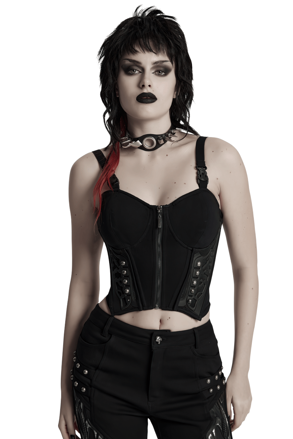 Black cyberpunk corset waistcoat with buckle straps, styled with edgy accessories for a bold look.