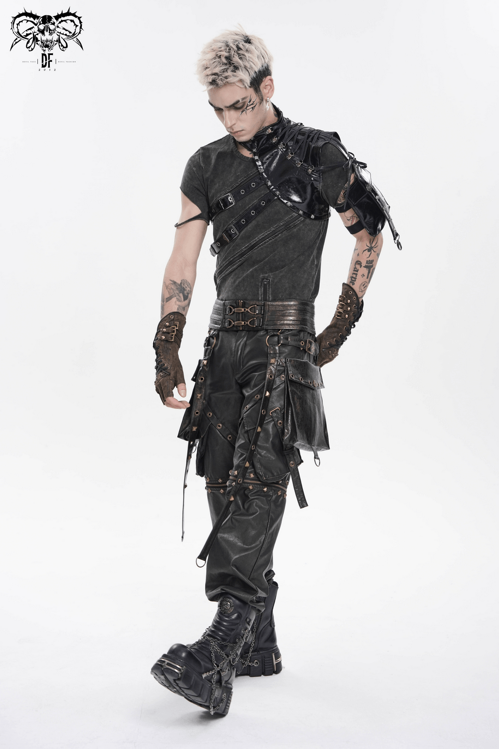 Black Cyberpunk Faux Leather Buckle Shoulder Harness Vest displayed on a model showcasing gothic style.