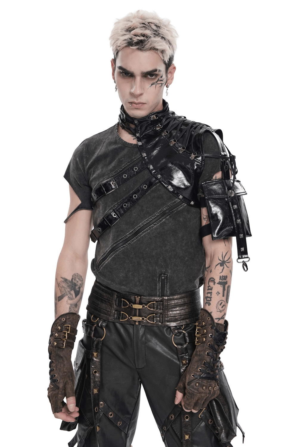 Black Cyberpunk Faux Leather Buckle Shoulder Harness Vest worn by a model showcasing gothic style and edgy fashion.