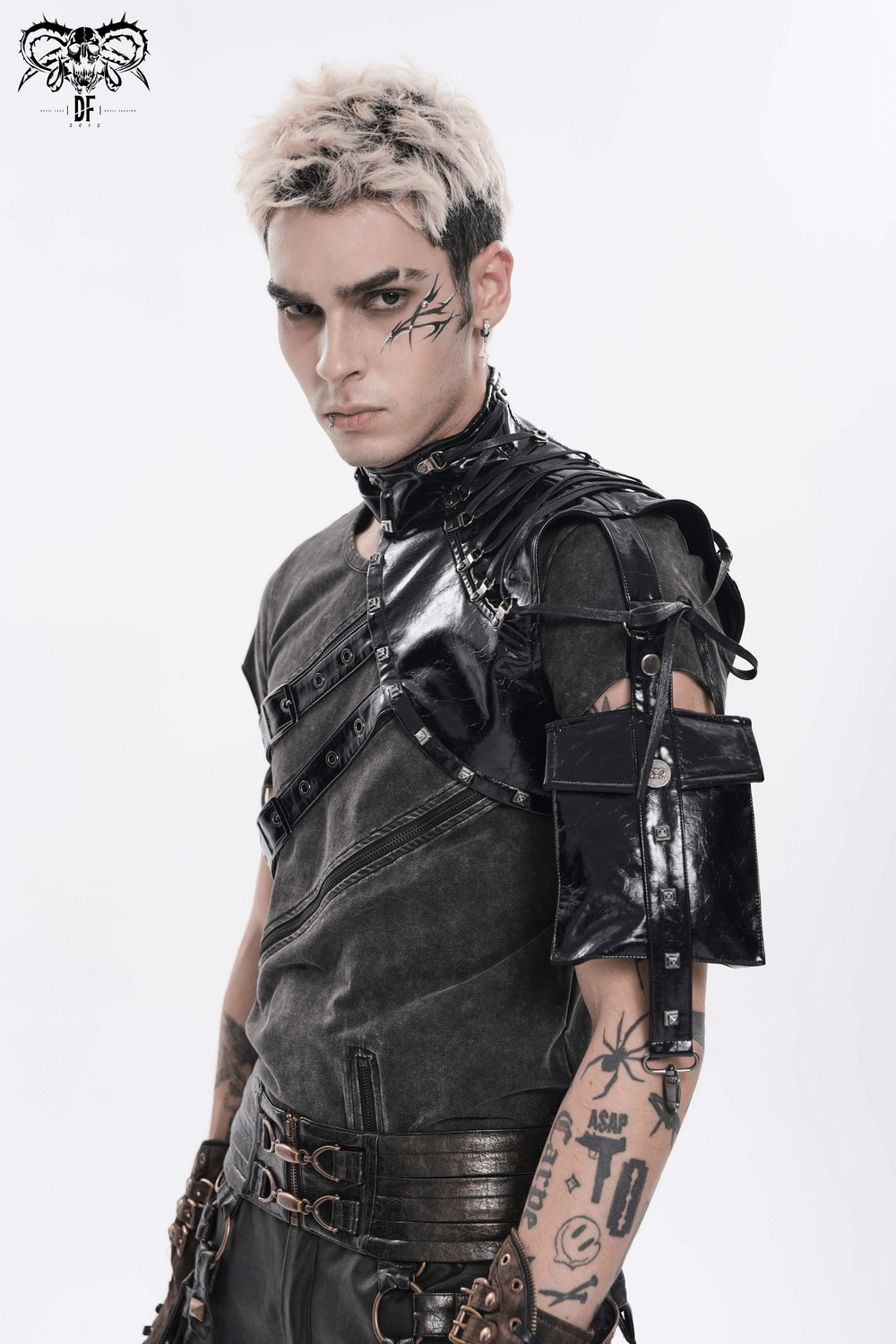 Black Cyberpunk Faux Leather Buckle Shoulder Harness Vest worn by a model showcasing a fierce style and intricate details.