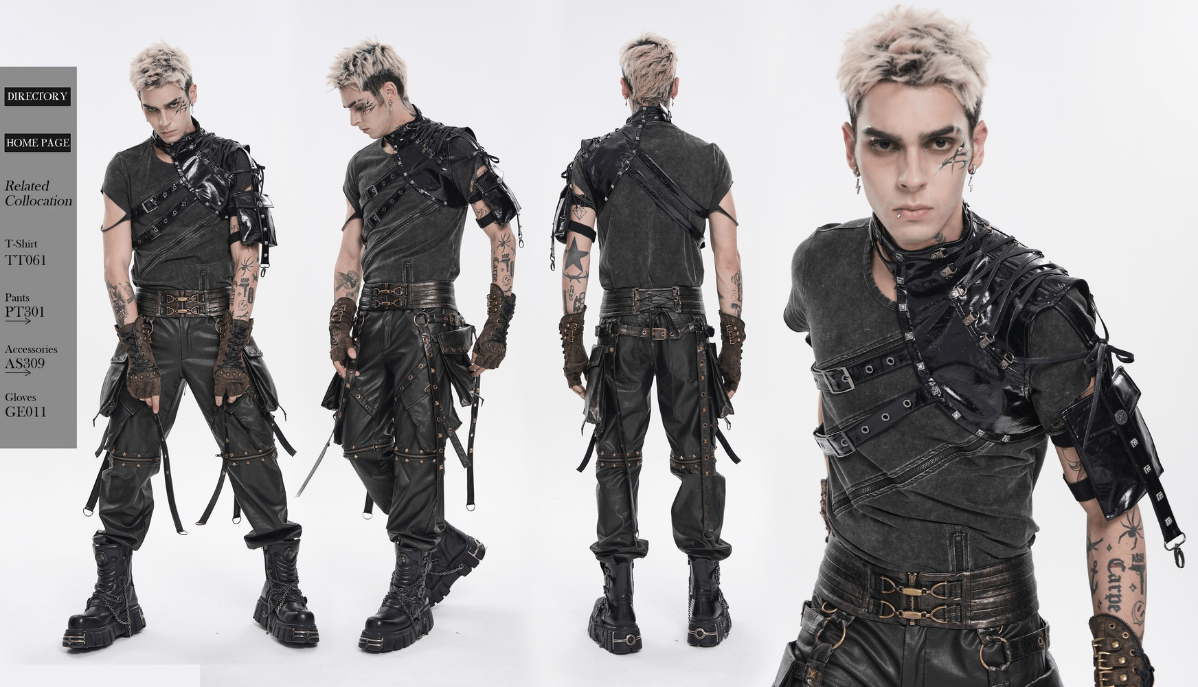 Model showcasing Black Cyberpunk Faux Leather Buckle Shoulder Harness Vest with edgy gothic and industrial styling.
