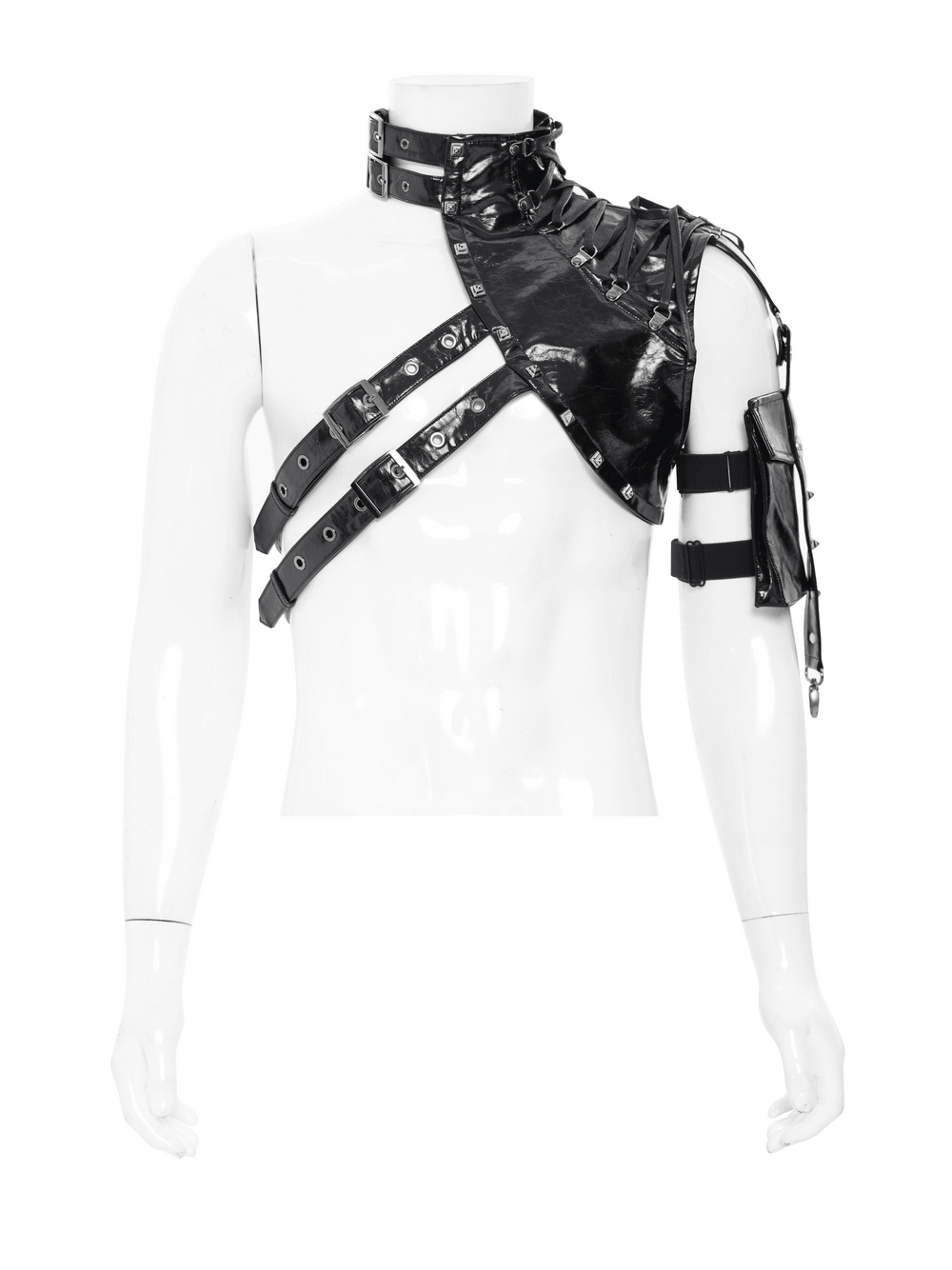 Black Cyberpunk Faux Leather Buckle Shoulder Harness Vest showcasing glossy faux leather and lace-up detail.
