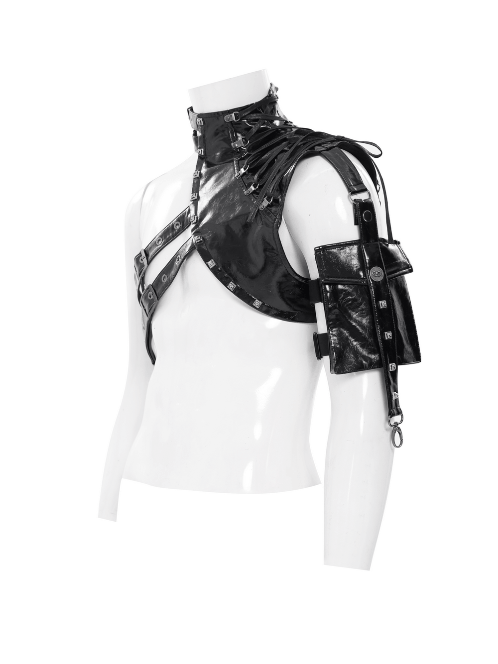 Black Cyberpunk Faux Leather Buckle Shoulder Harness Vest displayed on a mannequin showcasing its asymmetric design and glossy finish.