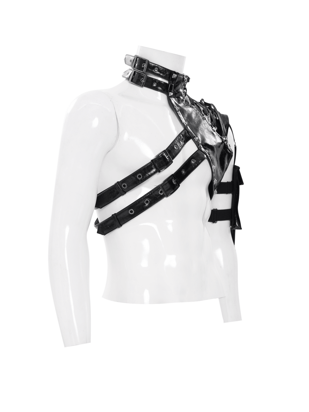 Black Cyberpunk Faux Leather Buckle Shoulder Harness Vest showcased on a mannequin with glossy detailing and straps.