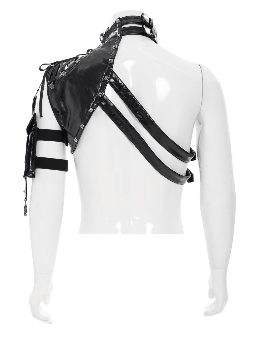 Black Cyberpunk Faux Leather Buckle Shoulder Harness Vest showcasing a glossy, asymmetric design and lace-up detailing.