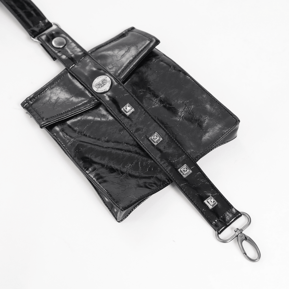 Black Cyberpunk Faux Leather Buckle Shoulder Harness Vest with shiny glossy finish and metal studs.