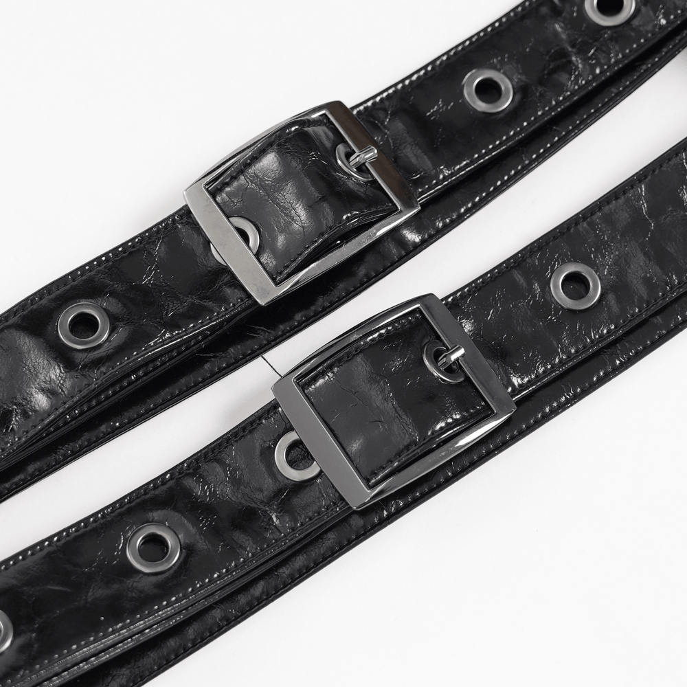Black Cyberpunk Faux Leather Buckle Shoulder Harness Vest details showcasing glossy buckle straps and eyelet accents.