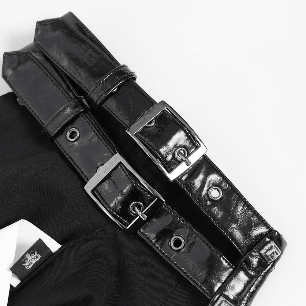 Black Cyberpunk Faux Leather Buckle Shoulder Harness Vest detailing with glossy black buckles and straps.
