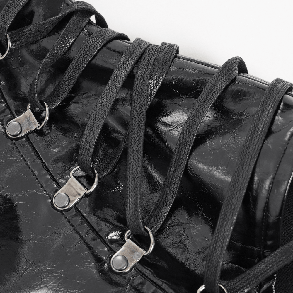 Black Cyberpunk Faux Leather Buckle Shoulder Harness Vest with glossy lace-up detailing and metal accents.