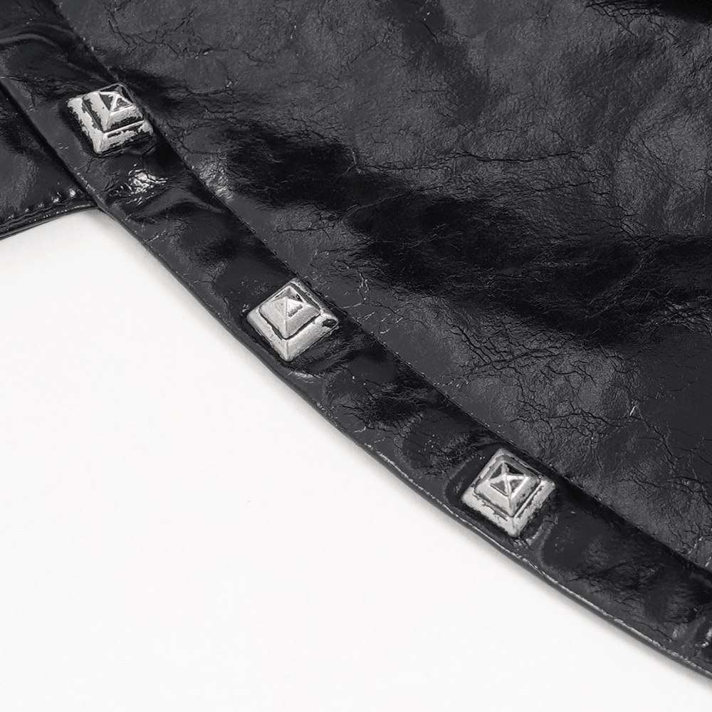 Close-up of metal studs on the Black Cyberpunk Faux Leather Buckle Shoulder Harness Vest.