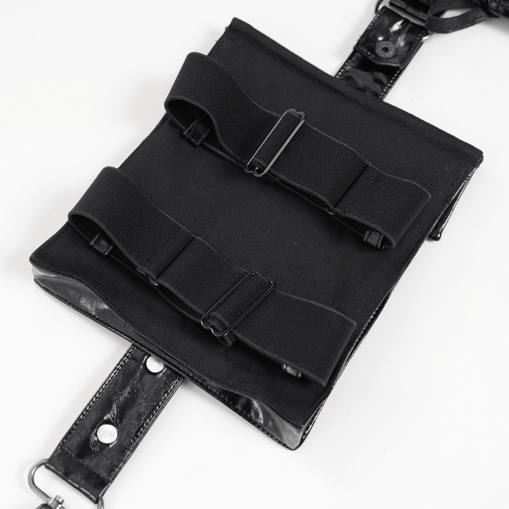 Black Cyberpunk Faux Leather Buckle Shoulder Harness Vest detail with straps and glossy finish.