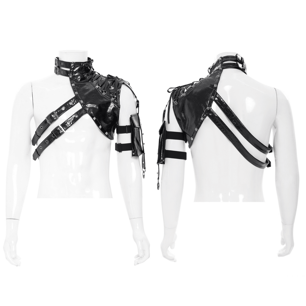 Black Cyberpunk Faux Leather Buckle Shoulder Harness Vest showcasing asymmetrical design and glossy finish.