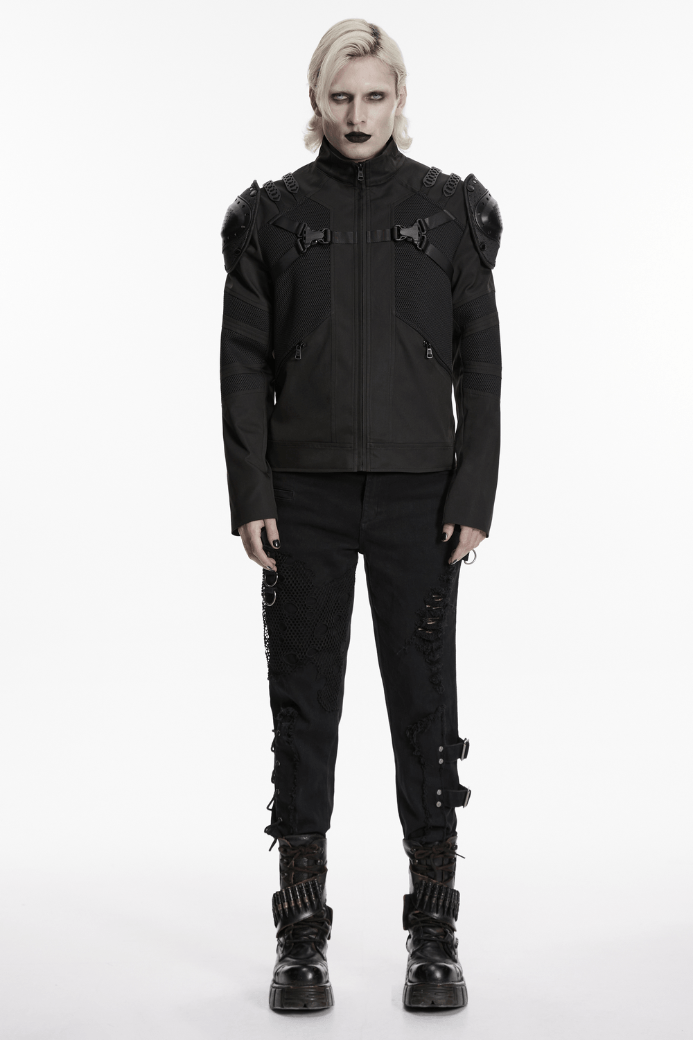Black Cyberpunk Jacket With Armored Shoulder Pads modeled by a stylish person in dark attire.