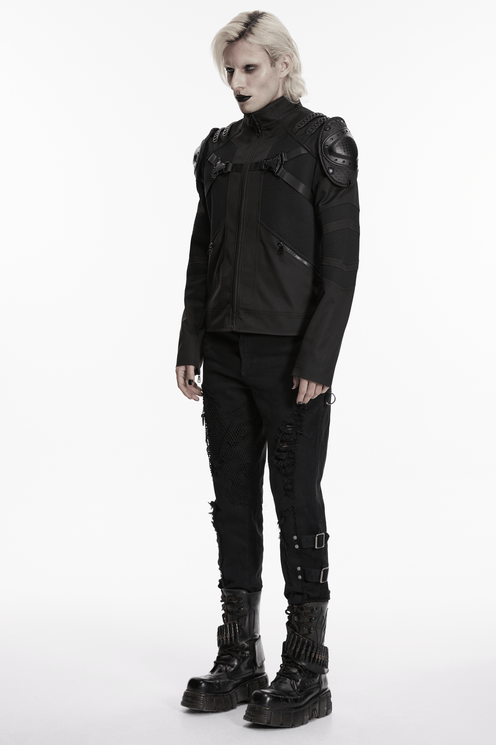 Black Cyberpunk Jacket With Armored Shoulder Pads worn by a model in a stylish, edgy pose.