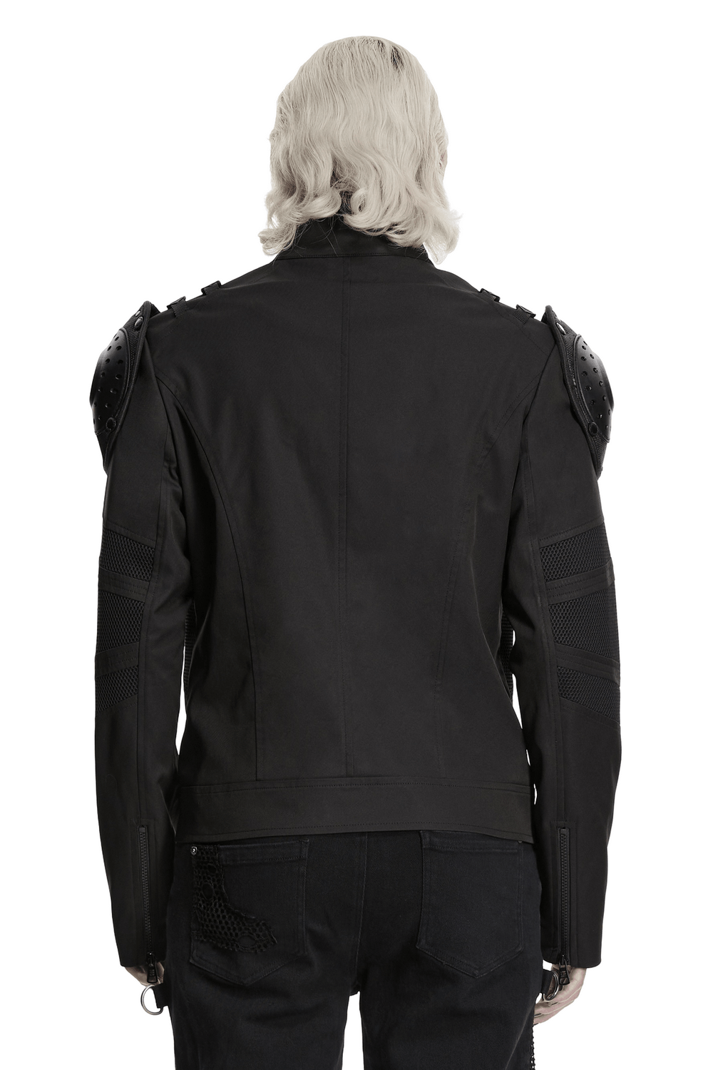 Back view of a stylish Black Cyberpunk Jacket With Armored Shoulder Pads, showcasing its unique design and edgy flair.