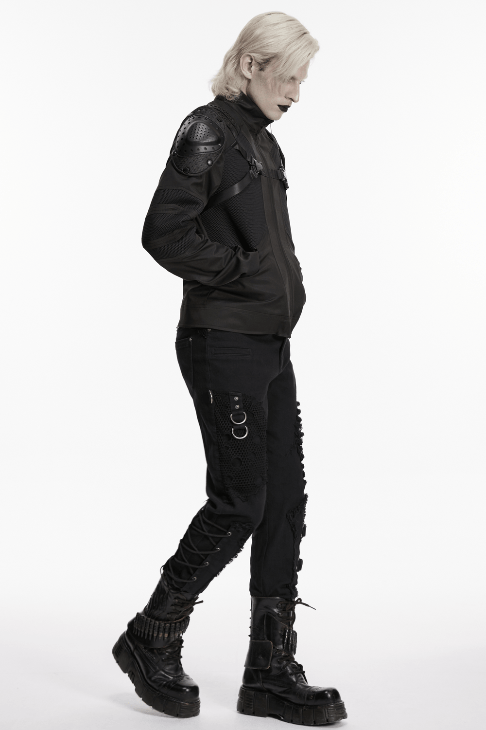 Black Cyberpunk Jacket With Armored Shoulder Pads worn by a model, showcasing edgy style and futuristic fashion.