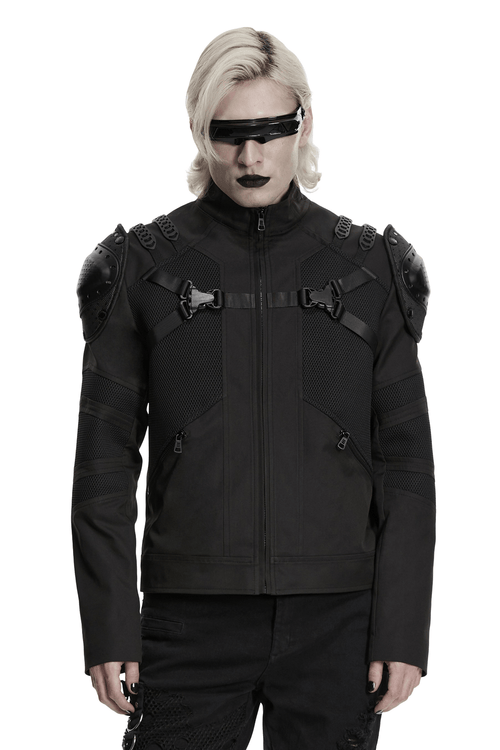 Schwarze Bikerjacke mit Nieten und D-Ringen, kurz geschnitten