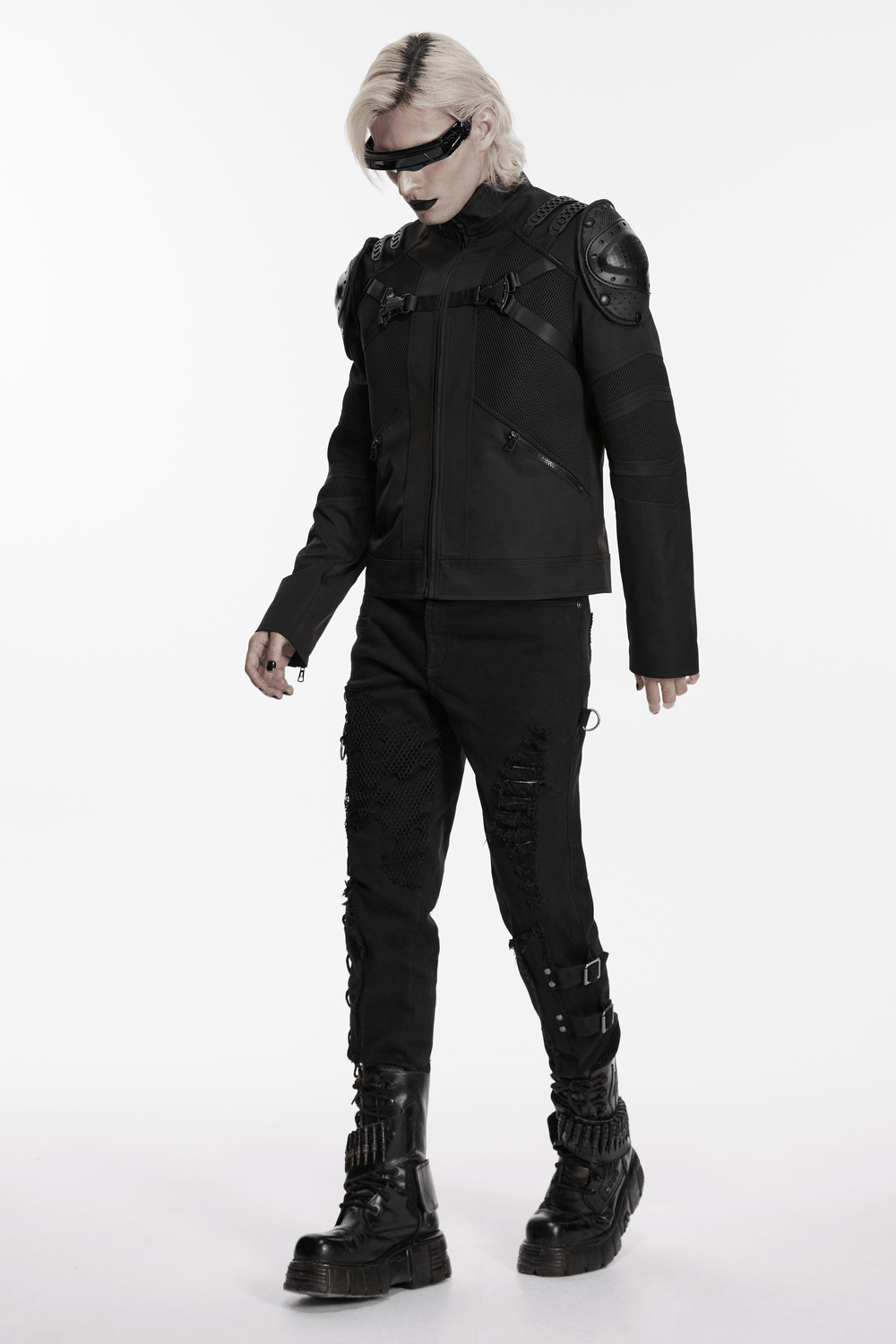 Black Cyberpunk Jacket With Armored Shoulder Pads worn by a stylish model in a futuristic look.