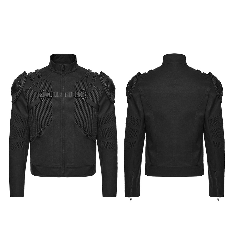 Black Cyberpunk Jacket With Armored Shoulder Pads showcasing front and back views.