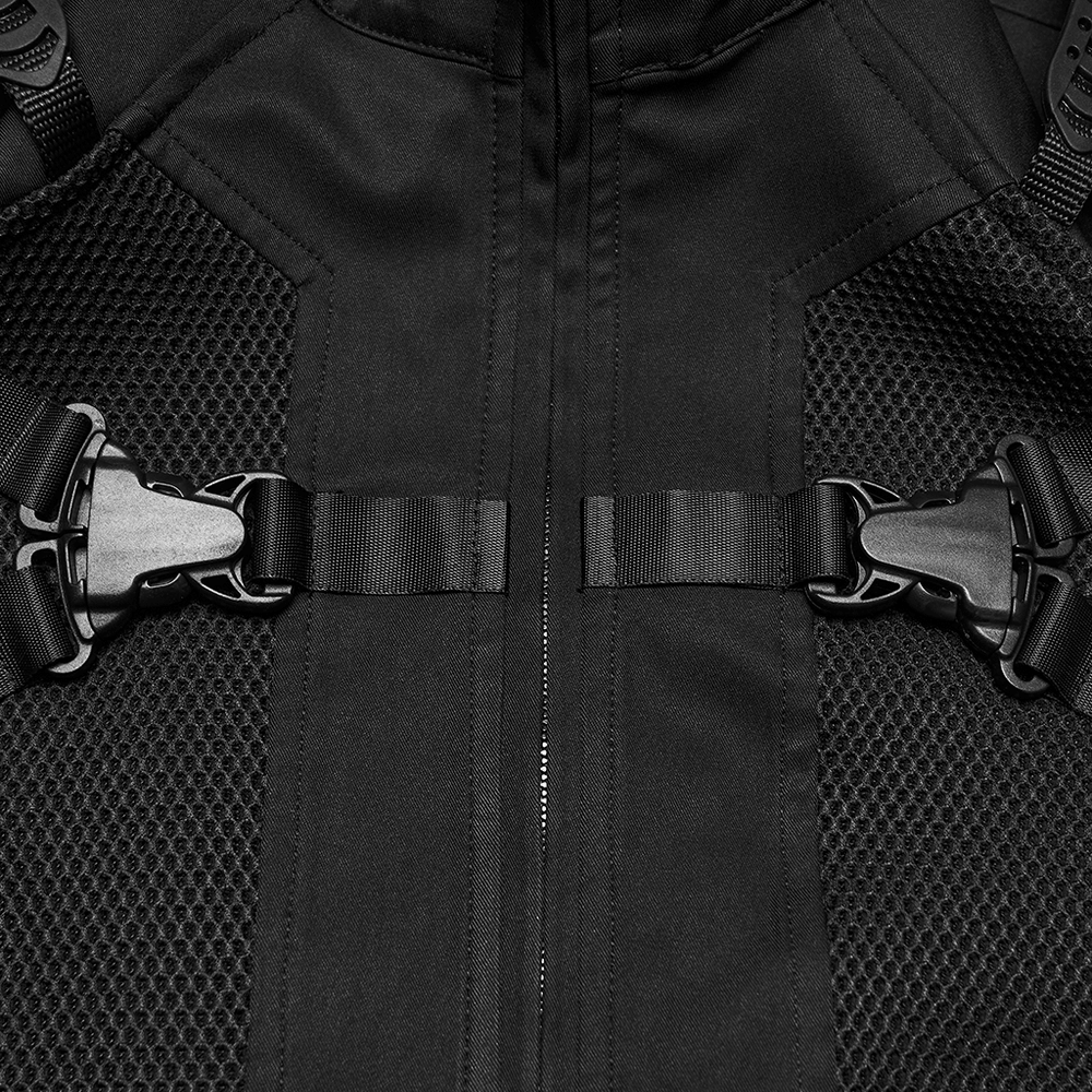 Black Cyberpunk Jacket With Armored Shoulder Pads showcasing close-up details and buckle design