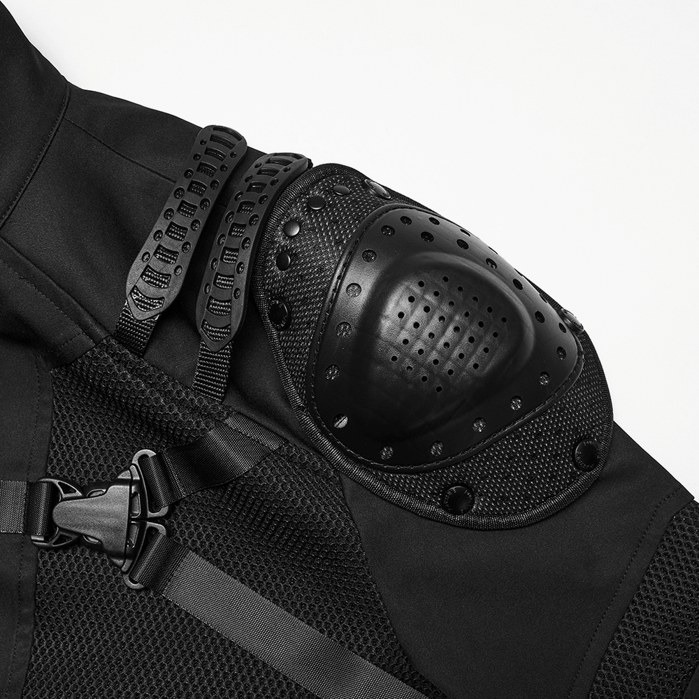 Close-up of the armored shoulder pads on a Black Cyberpunk Jacket With Armored Shoulder Pads.