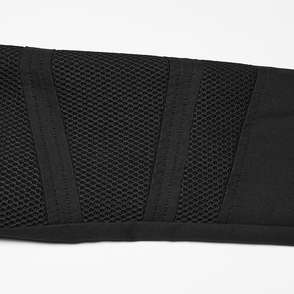 Black Cyberpunk Jacket With Armored Shoulder Pads close-up detail of the mesh fabric on the sleeve.