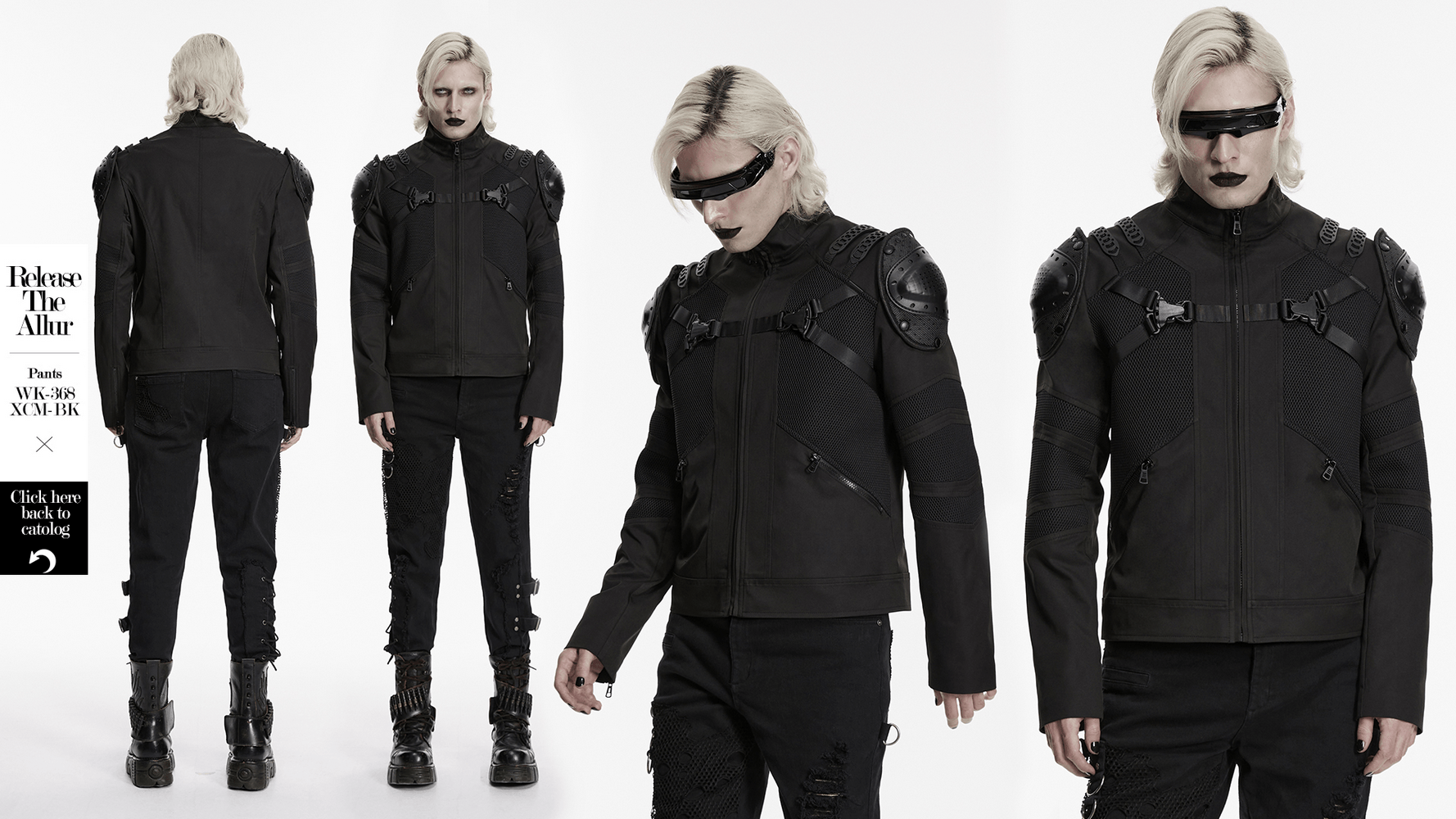 Black Cyberpunk Jacket With Armored Shoulder Pads showcased from multiple angles, featuring sleek design and striking details.