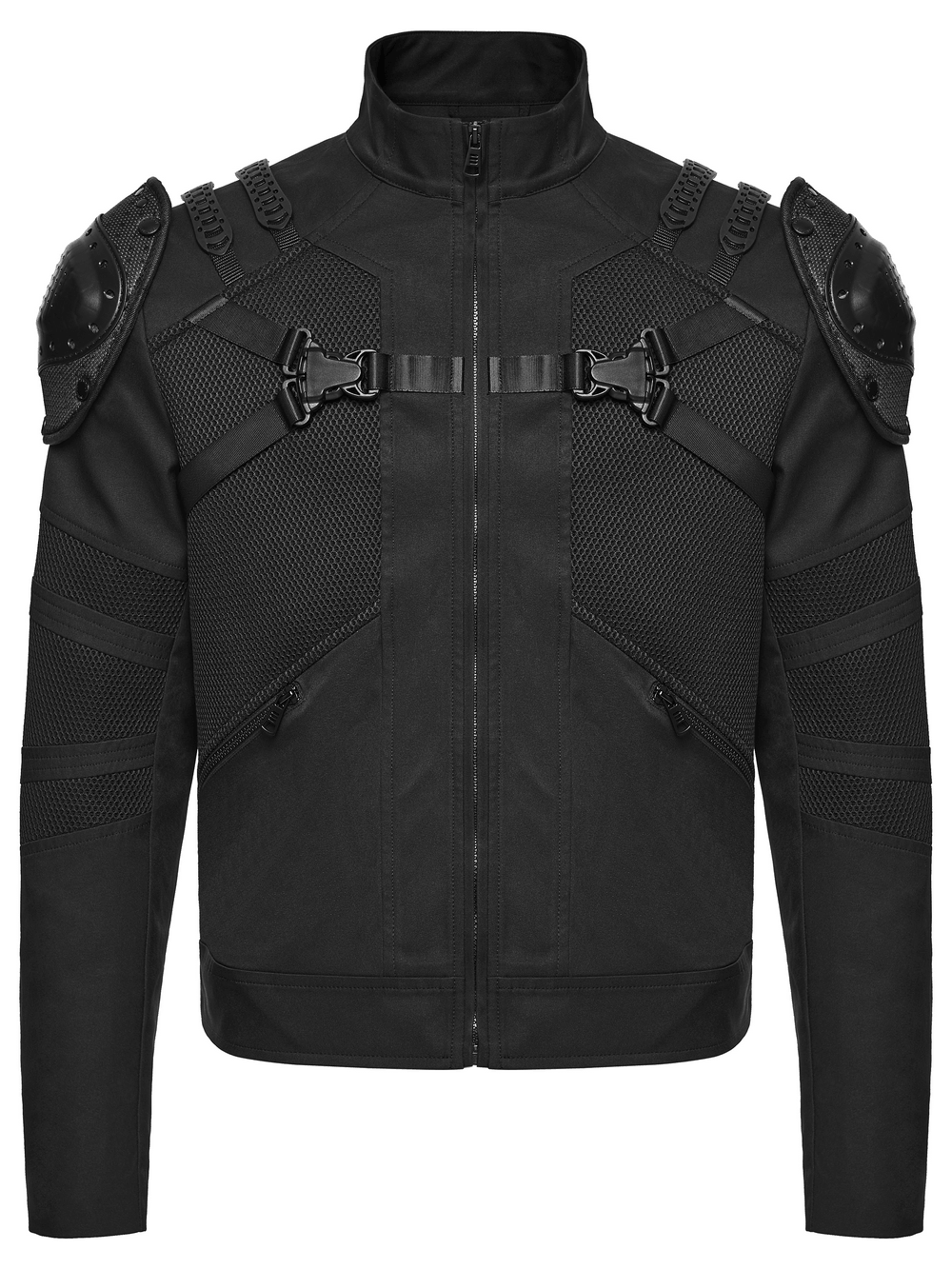 Black Cyberpunk Jacket With Armored Shoulder Pads showcasing its sleek design and protective elements.