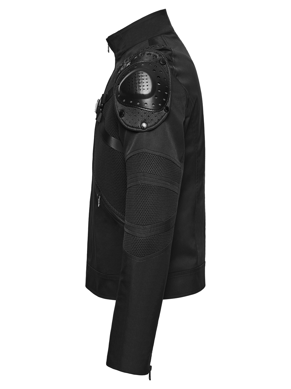 Black Cyberpunk Jacket With Armored Shoulder Pads shown from the side, featuring stylish design and protective elements.
