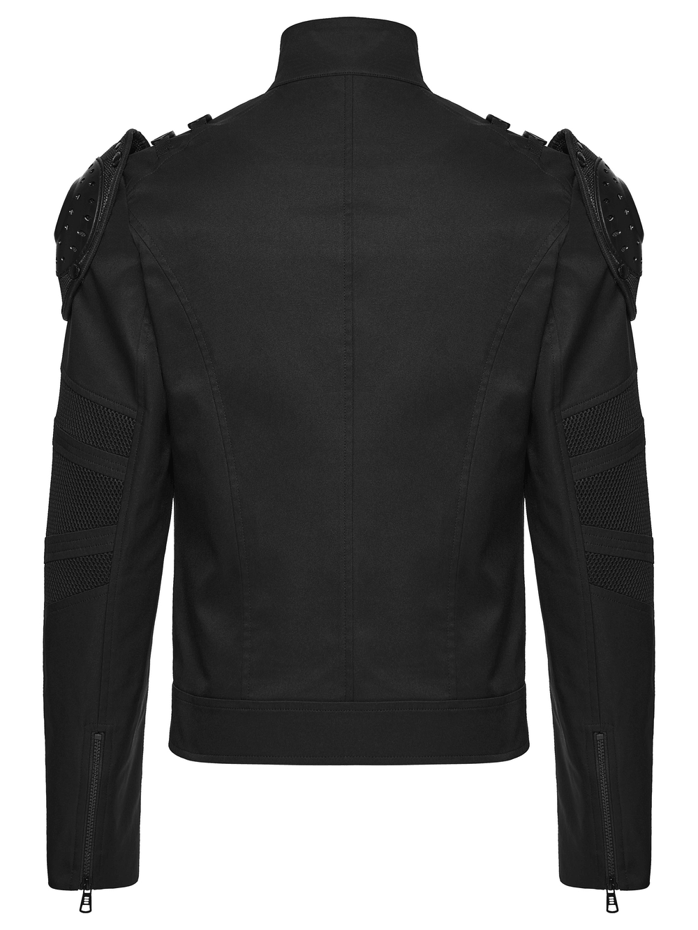 Black Cyberpunk Jacket With Armored Shoulder Pads - Back view showcasing stylish design and unique details.