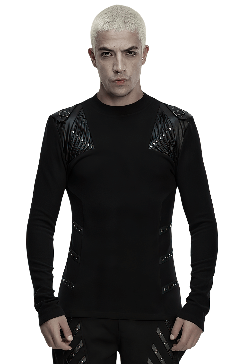 Black Cyberpunk Long Sleeve Top with Textured Panels showcasing unique strap details and sleek design.