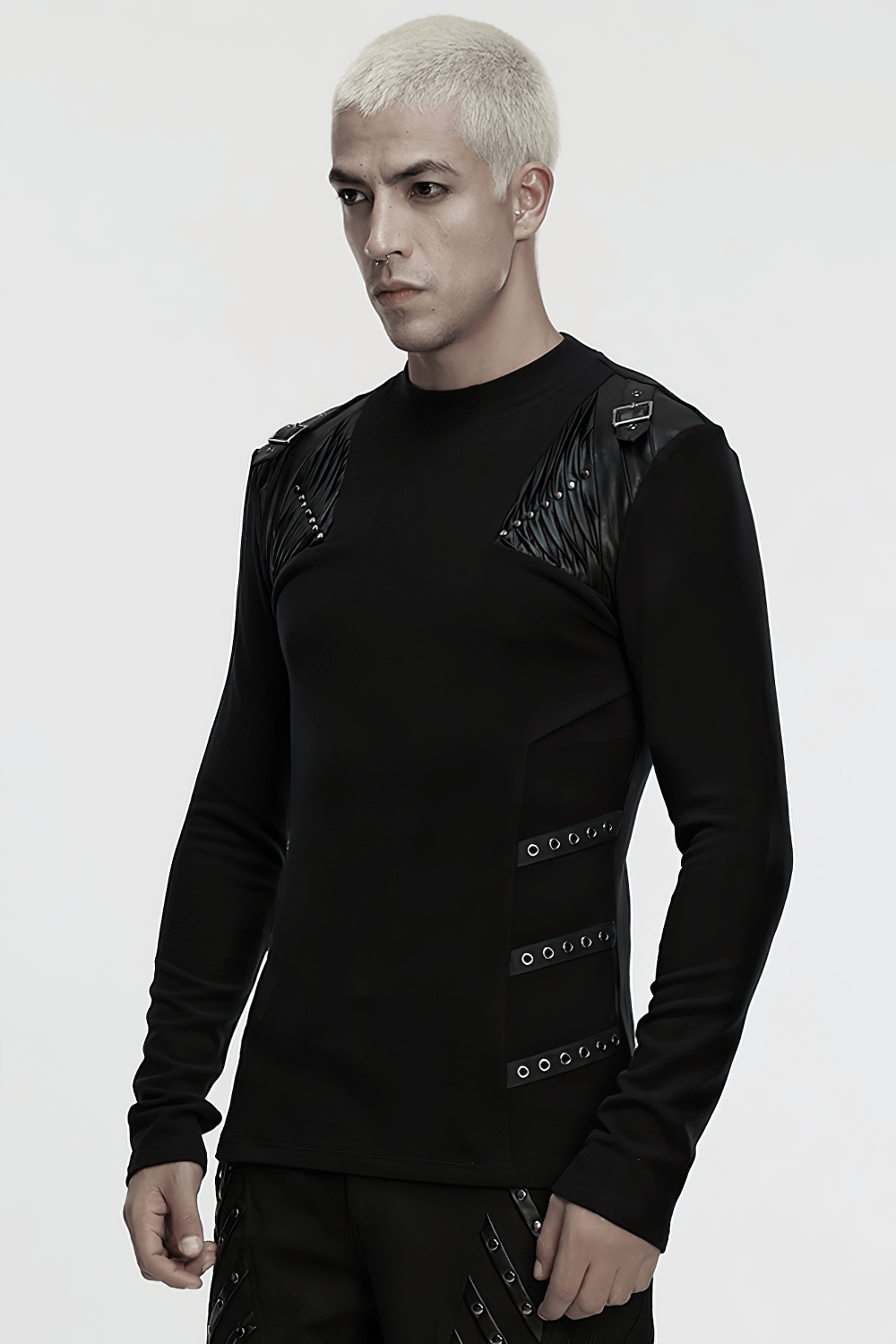 Black Cyberpunk Long Sleeve Top with Textured Panels on model showcasing unique design and stylish details.