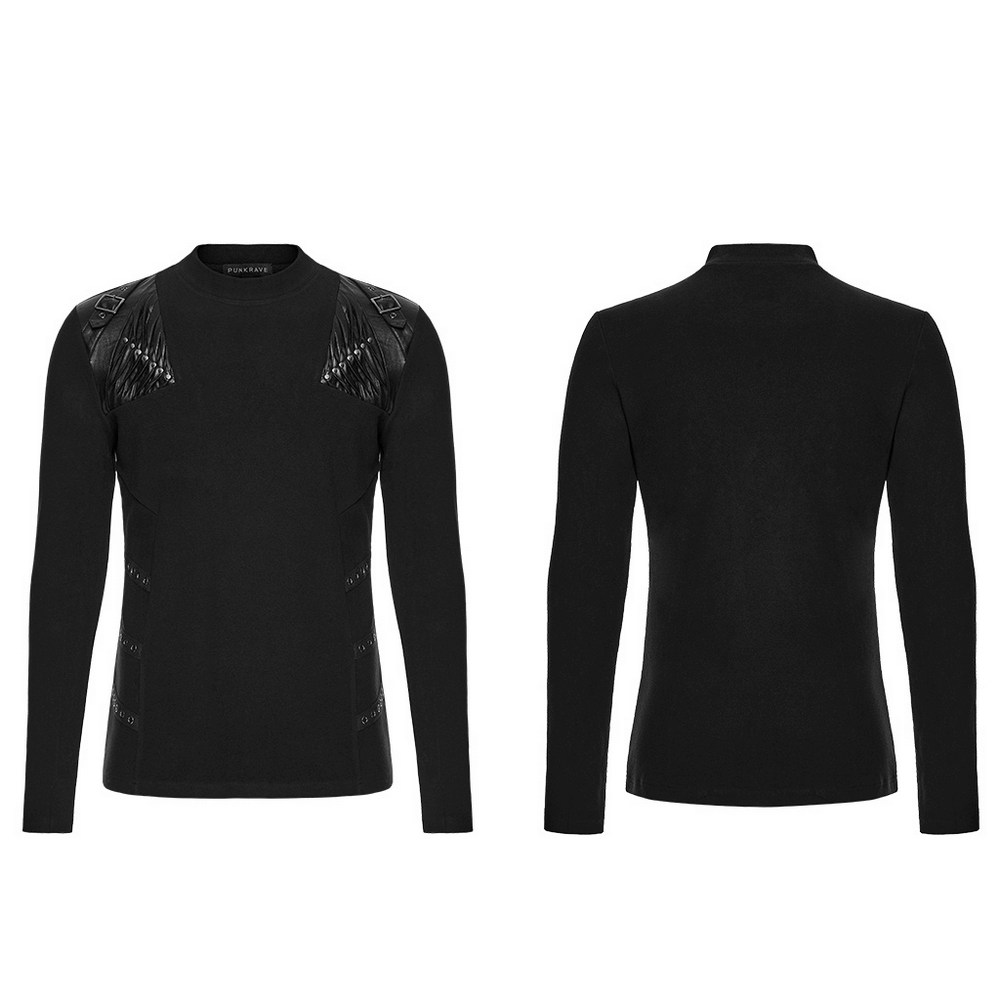 Black Cyberpunk Long Sleeve Top with Textured Panels featuring intricate design and unique strap accents.