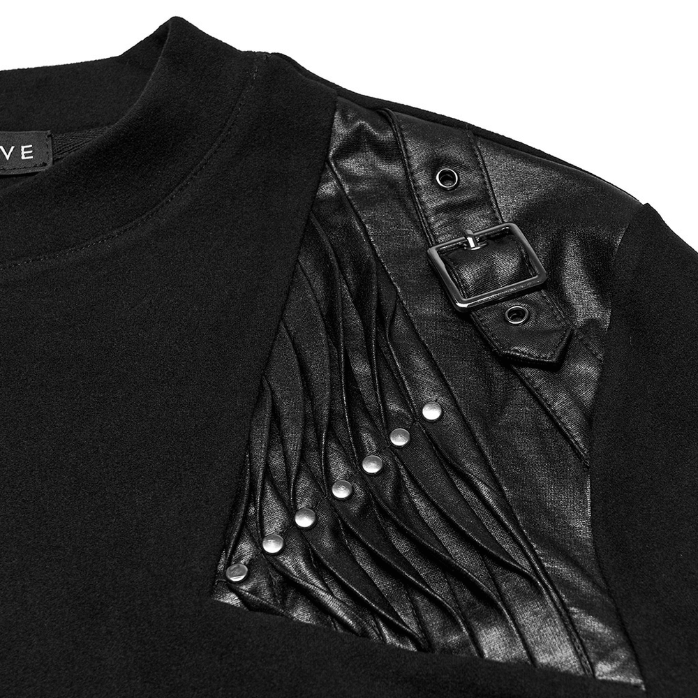 Black Cyberpunk Long Sleeve Top with Textured Panels featuring pleated shoulder and strap details.
