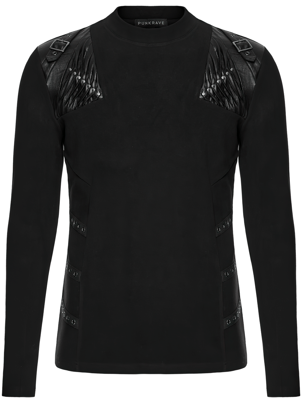 Black Cyberpunk Long Sleeve Top with Textured Panels featuring unique strap details and textured shoulder splicing.