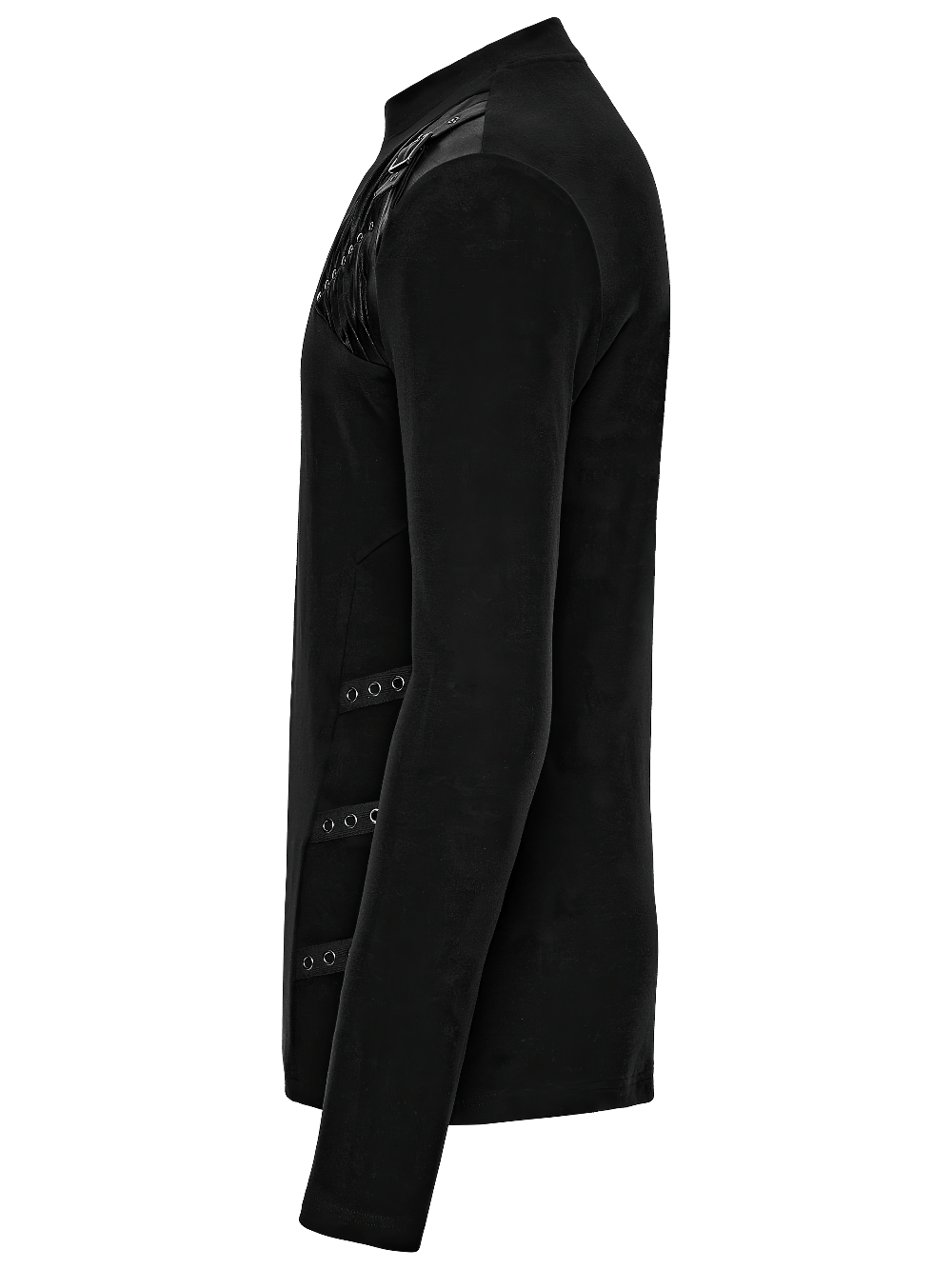 Black Cyberpunk Long Sleeve Top with Textured Panels showcasing side view with straps and textured shoulder.