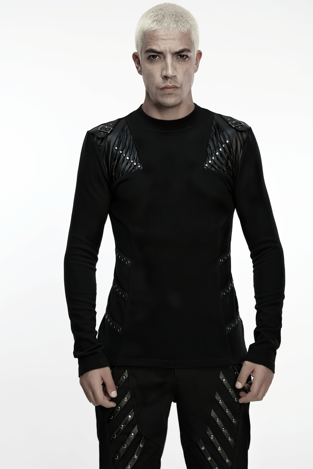 Black Cyberpunk Long Sleeve Top with Textured Panels showcased by a model with striking features and modern design.
