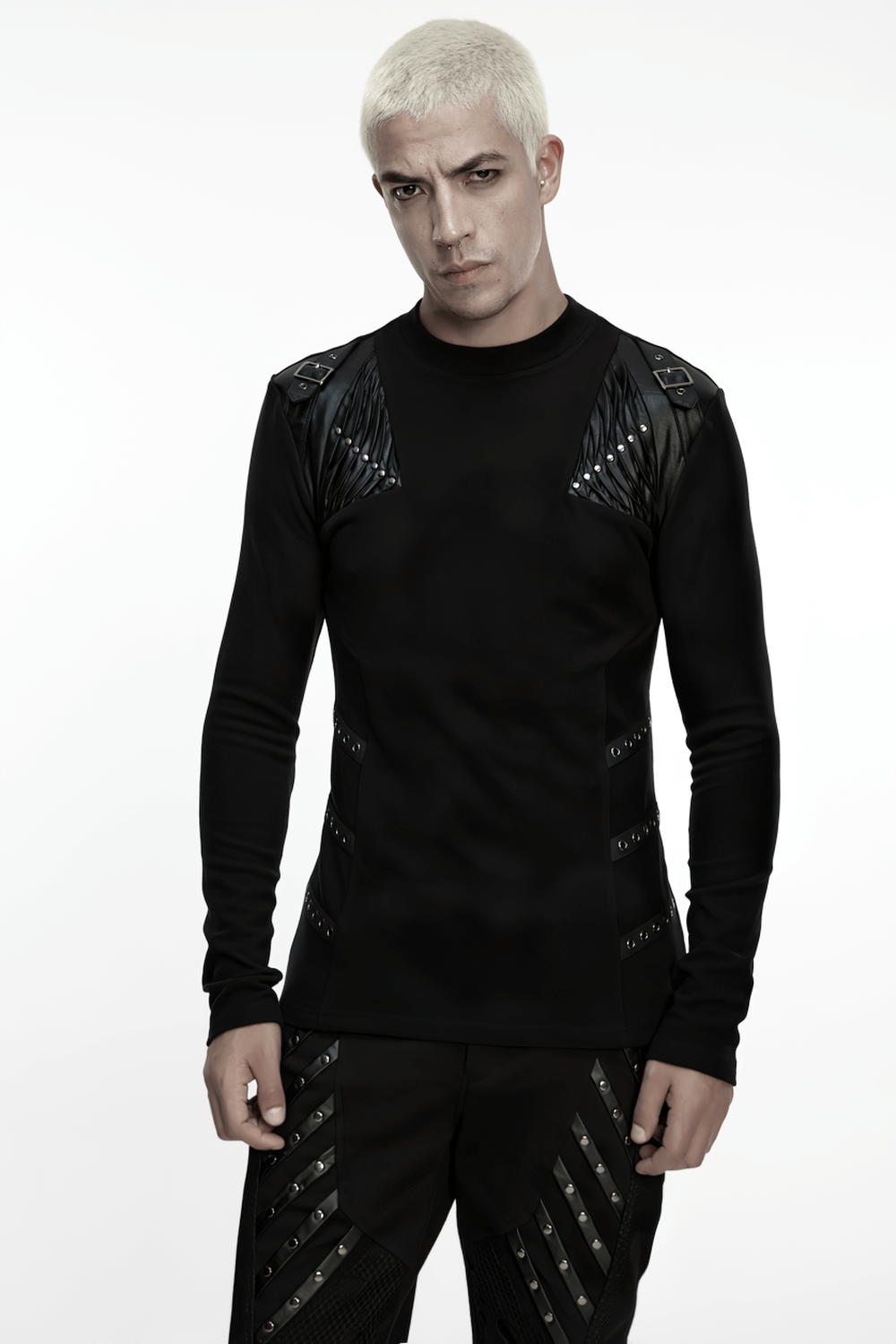 Black Cyberpunk Long Sleeve Top with Textured Panels featuring sleek designs and metal webbing accents.