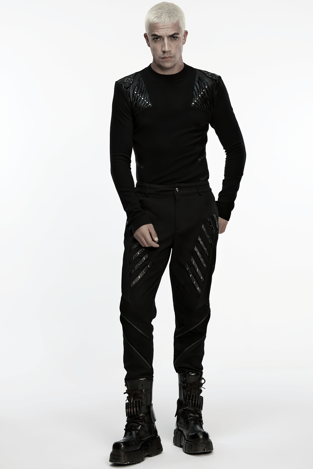 Black Cyberpunk Long Sleeve Top with Textured Panels worn by model in striking pose.