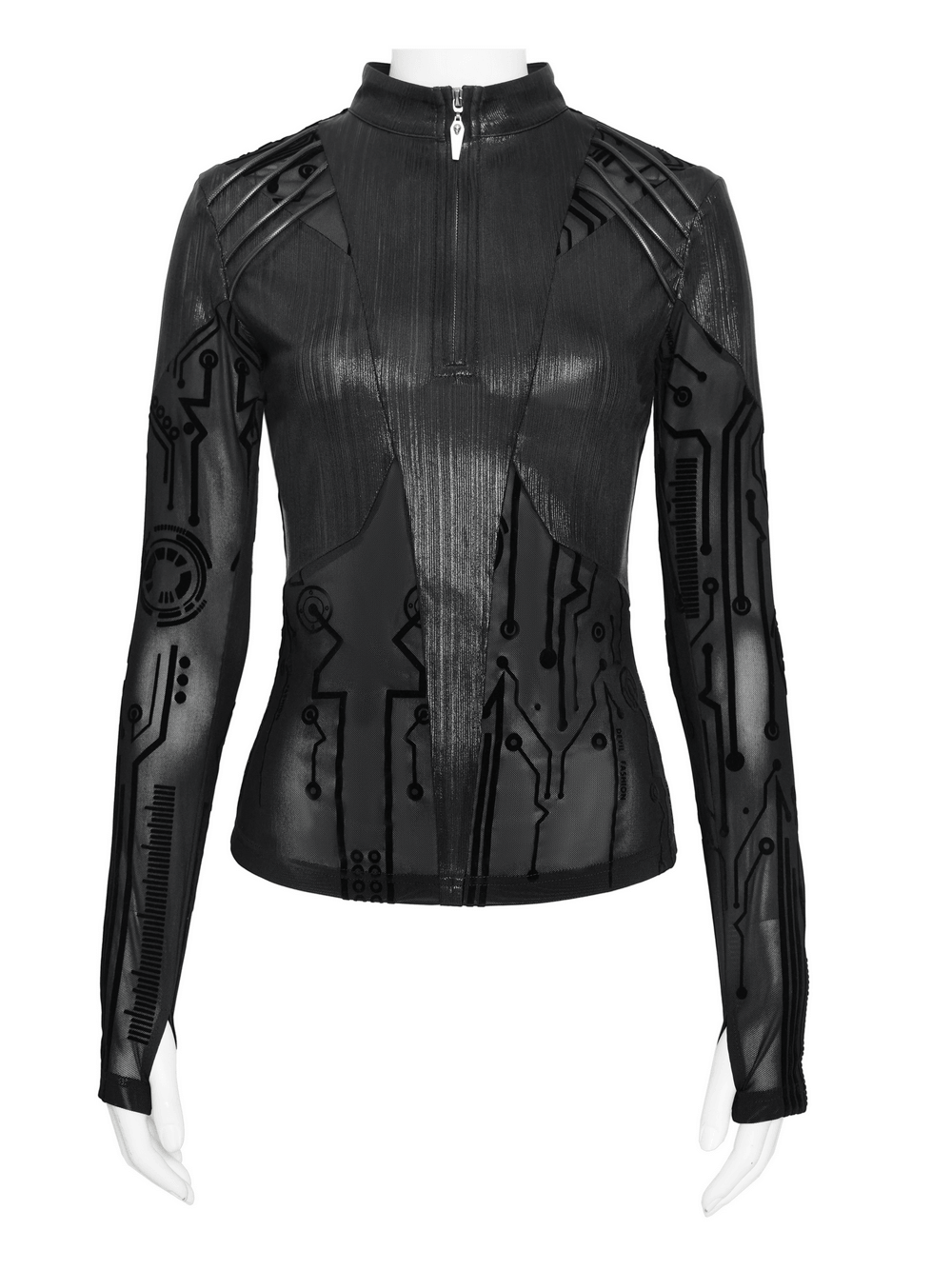 Black Cyberpunk Mesh Circuit Print Zip Up Techwear Top with futuristic design and circuit print detail.