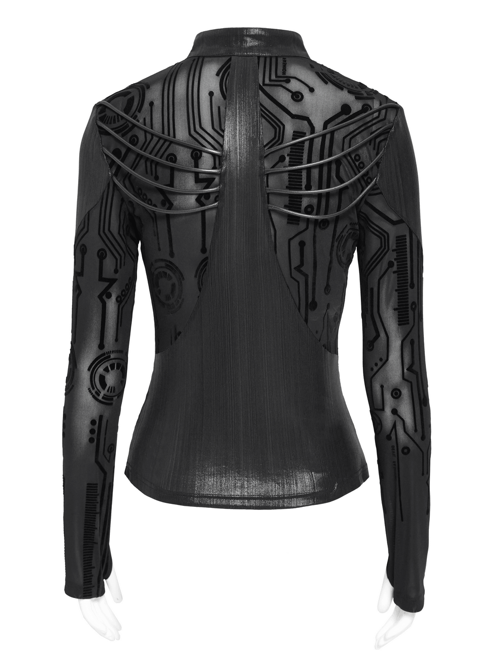 Black Cyberpunk Mesh Circuit Print Zip Up Techwear Top showcasing strappy back and bold circuit print design.