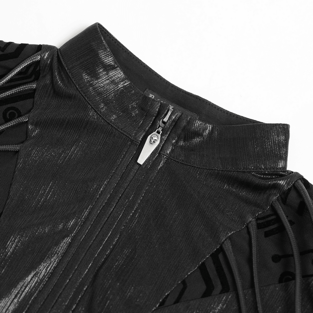 Black Cyberpunk Mesh Circuit Print Zip Up Techwear Top high neck and zip detail showcasing futuristic design.