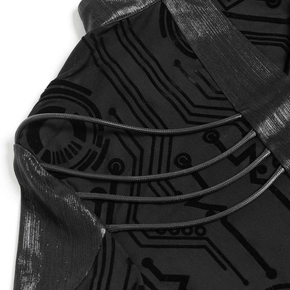 Black Cyberpunk Mesh Circuit Print Zip Up Techwear Top showcasing strappy back and bold circuit print detail.
