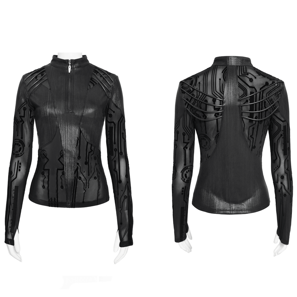 Black Cyberpunk Mesh Circuit Print Zip Up Techwear Top featuring circuit print and strappy back design.