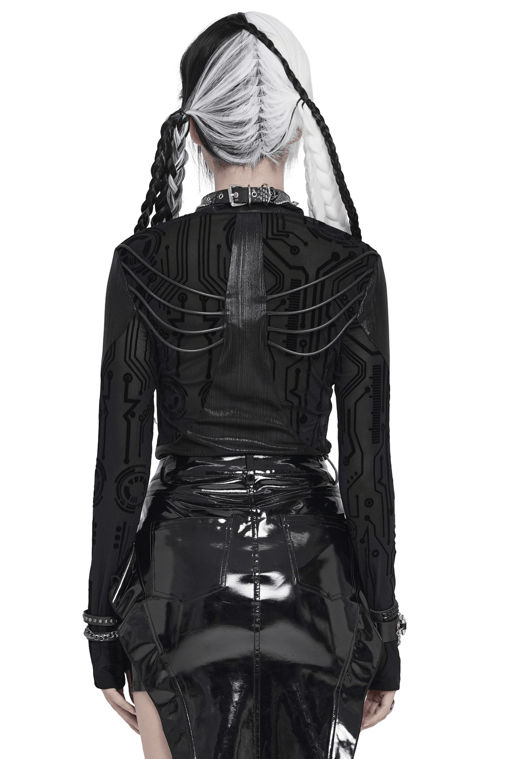 Black Cyberpunk Mesh Circuit Print Zip Up Techwear Top showcasing strappy back and circuit print detail.